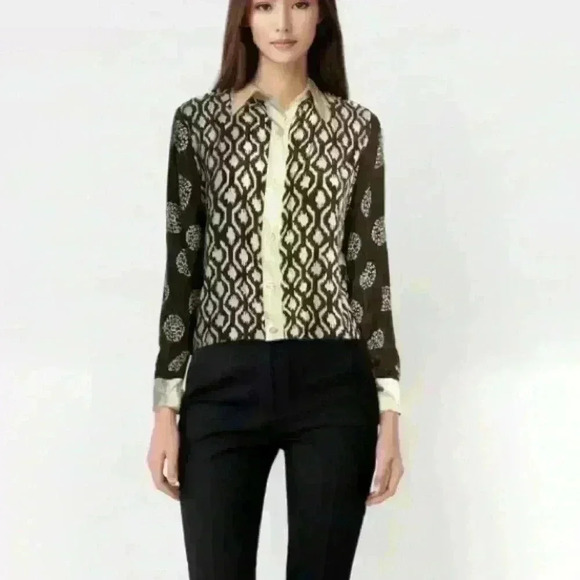 Linea by Louis Dell'Olio Vintage Silk Brown Ivory Blouse Size Small - Picture 1 of 10